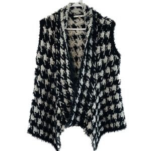 Womens S/M Sioni Houndstooth Sweater Vest Black White Eyelash Fringe Open‎ Front